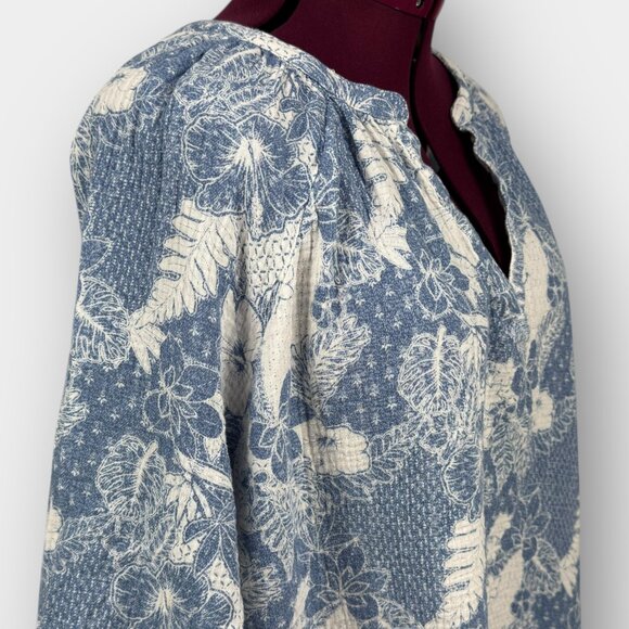 🔵 2/$15 ~ mySTYLE 2X blue floral gauze peasant blouse split neck long sleeve - Picture 4 of 9